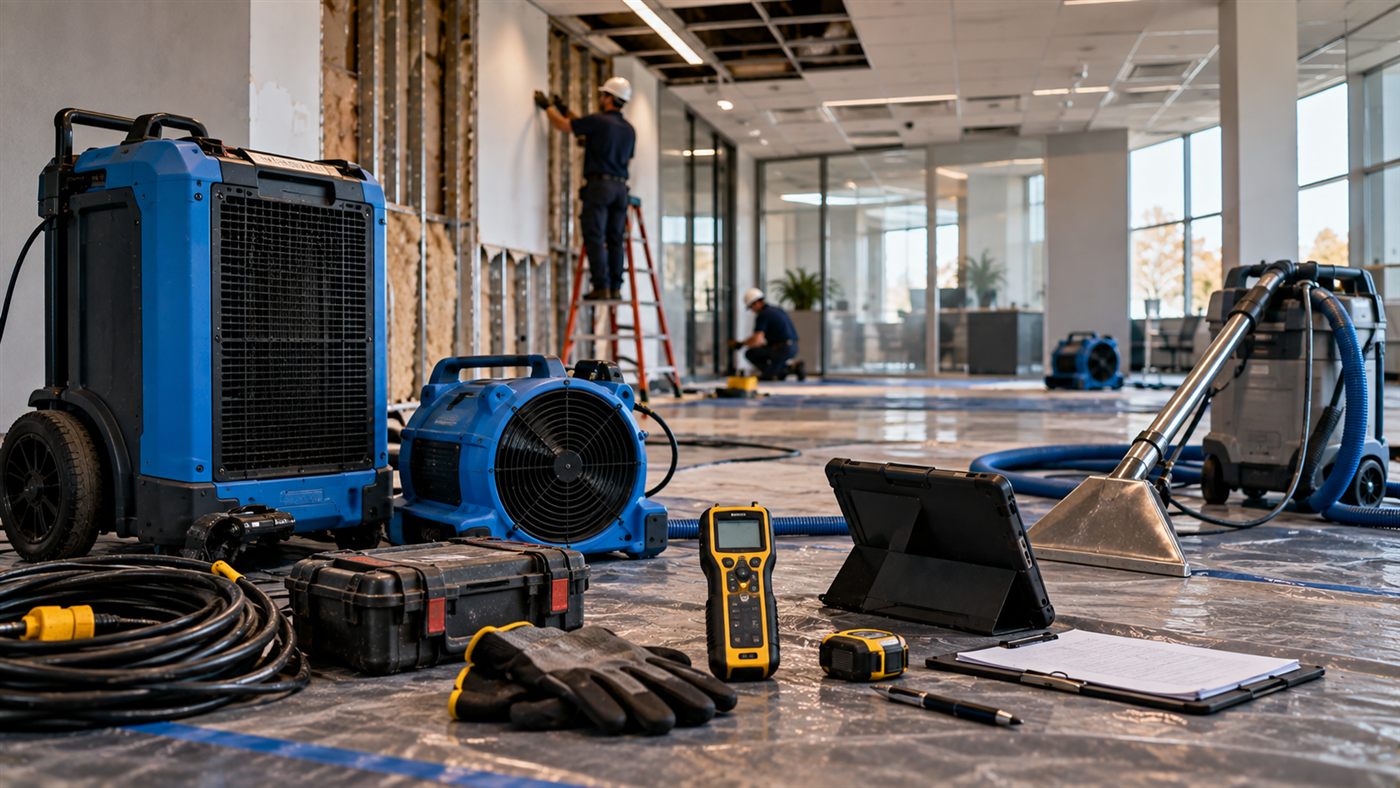 Commercial dehumidifier, air movers, extractor and moisture meters staged on a damaged office floor