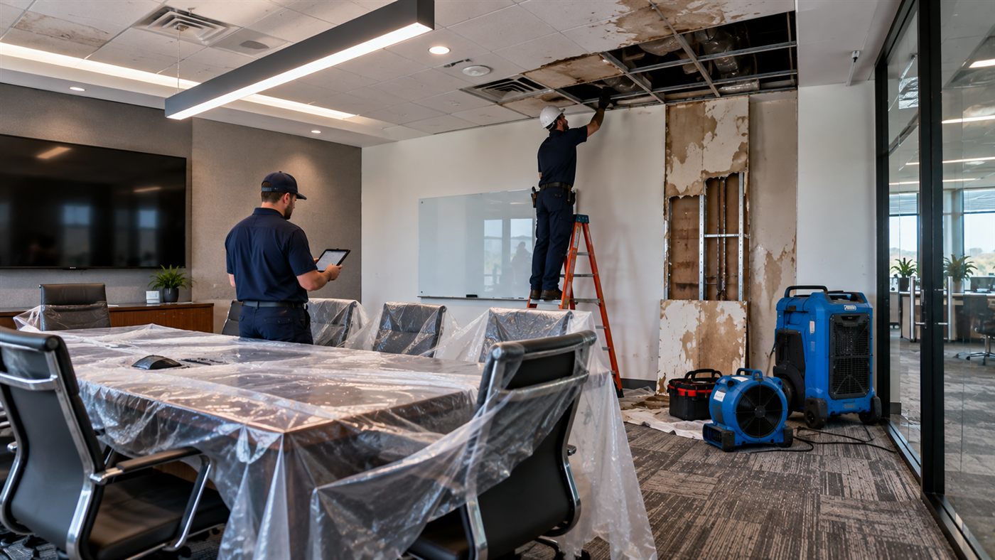 Conference room with plastic-covered furniture while a worker inspects a water-damaged ceiling from a ladder