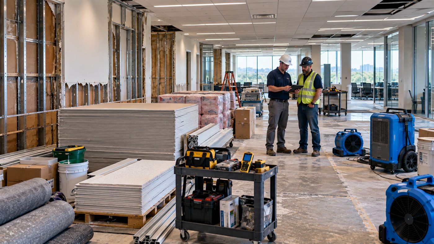 Contractors with drywall sheets and tools staged beside exposed wall framing in a commercial interior