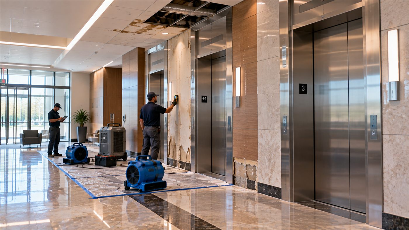 Air movers drying the floor of a commercial elevator lobby with a water-stained wall and an open ceiling tile