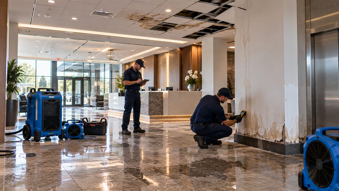 Technician checking the base of a water-stained wall in a commercial lobby with drying equipment on a wet floor
