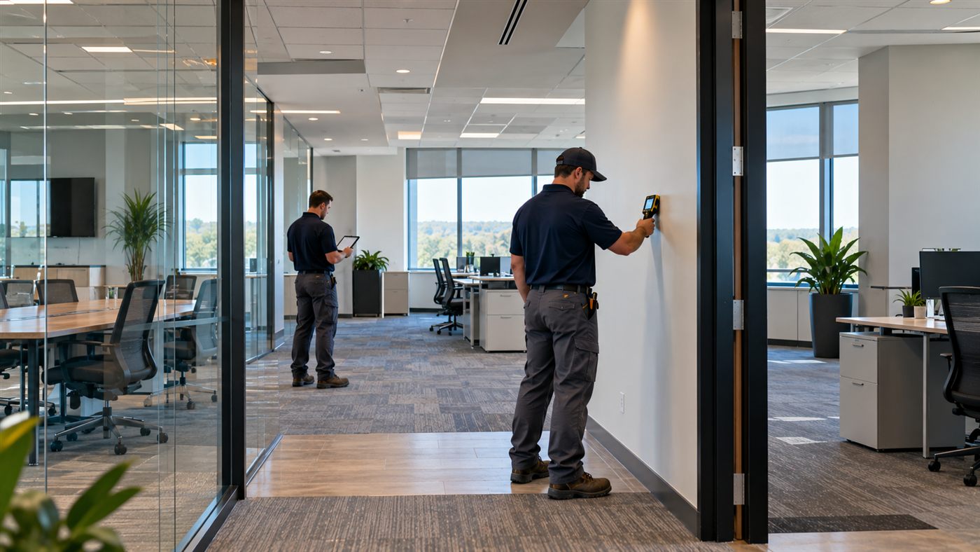 Restoration technician checking an office wall with a moisture meter in an open-plan commercial office