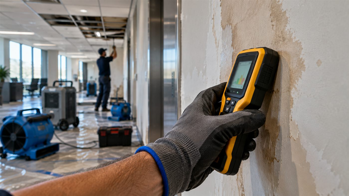 Gloved hand holding a moisture meter against a water-stained commercial wall
