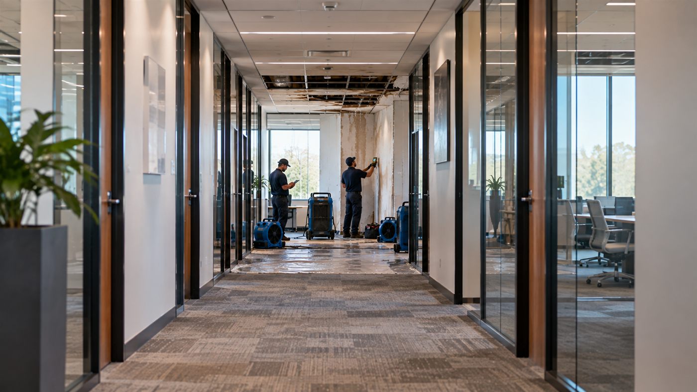 Office corridor with ceiling tiles removed and drying equipment in place after water damage