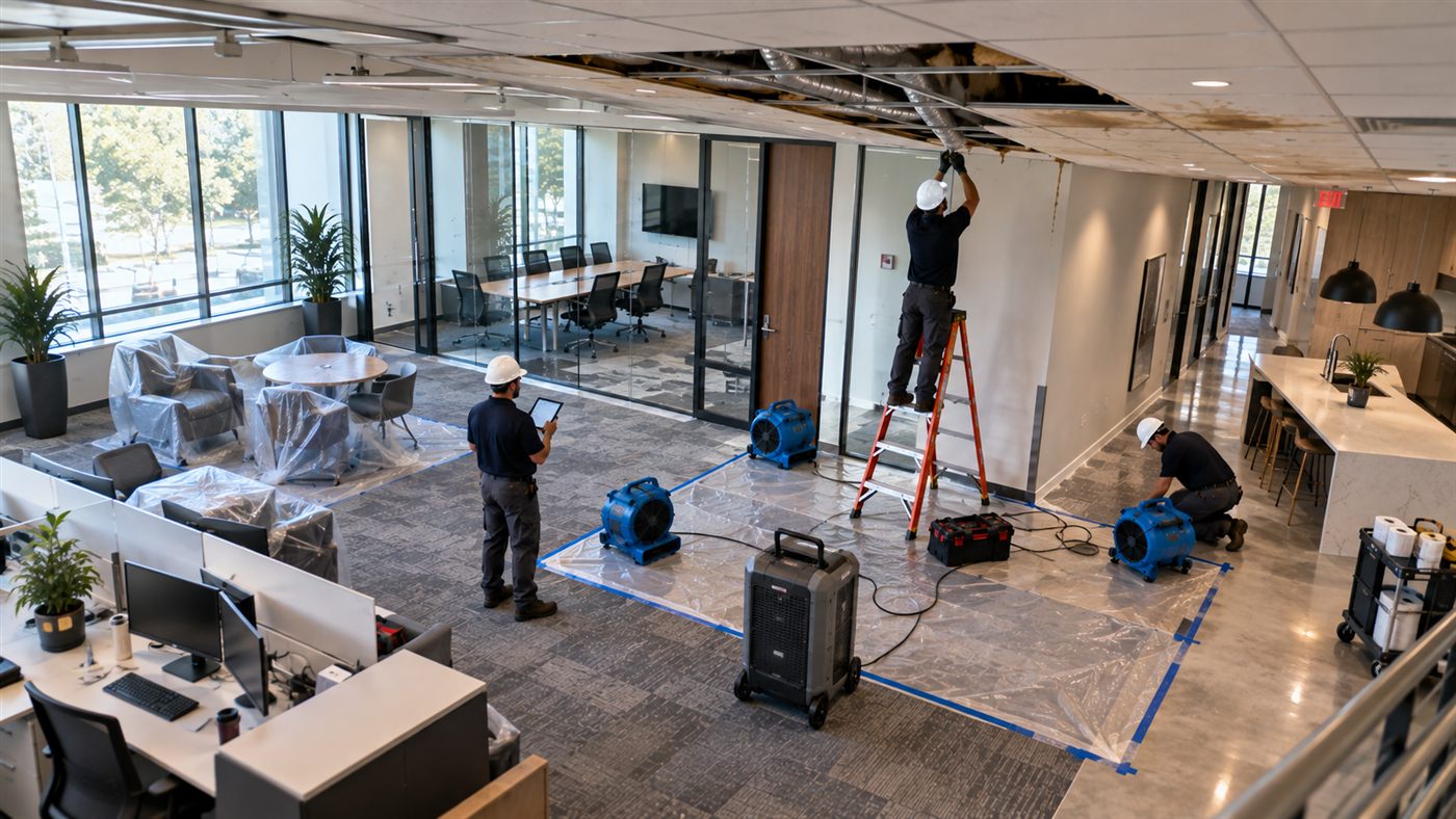 Open office with taped floor protection, a dehumidifier and a worker on a ladder at an opened ceiling