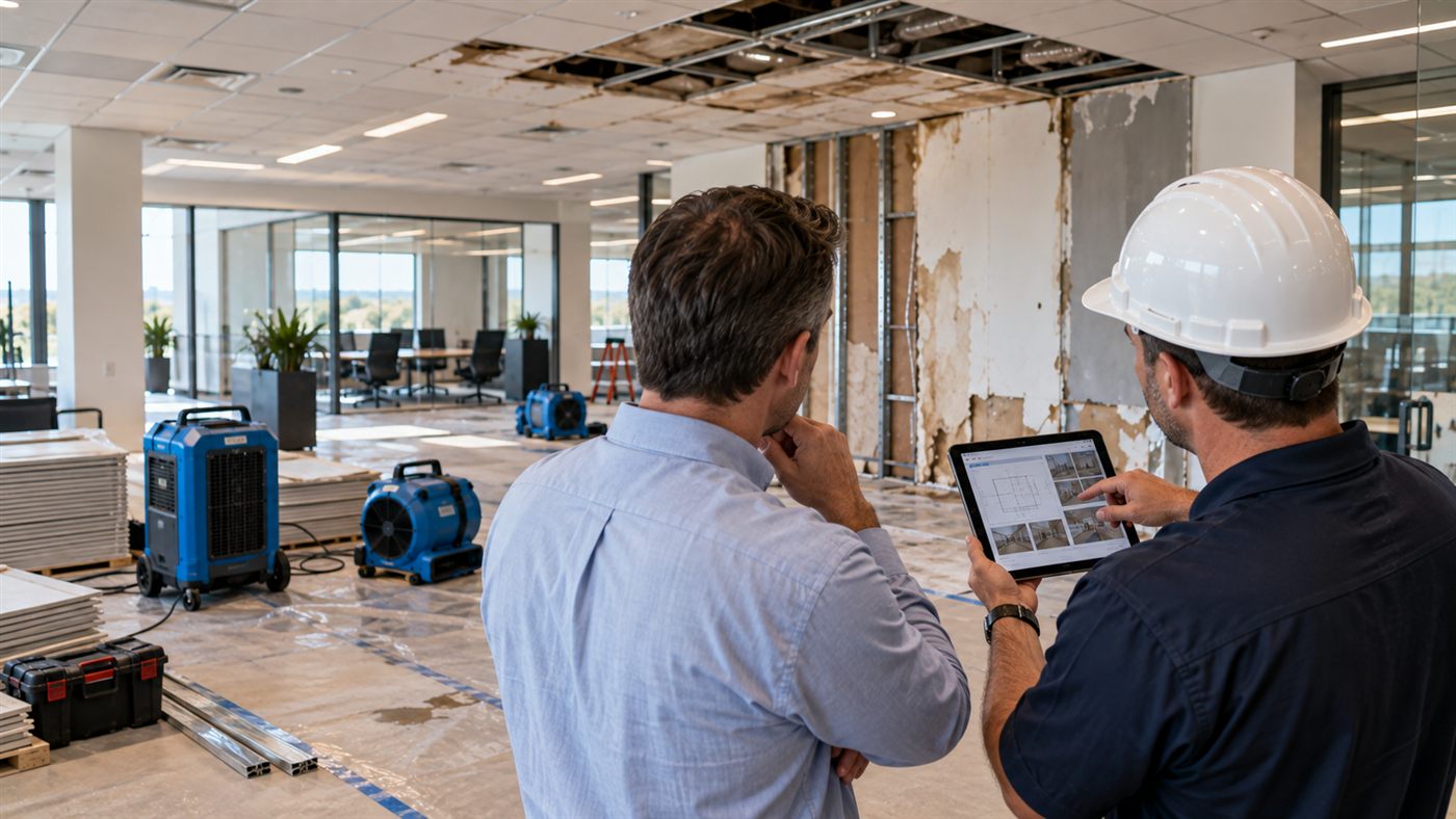Building manager and contractor reviewing a water damage repair scope on a tablet in a damaged commercial office