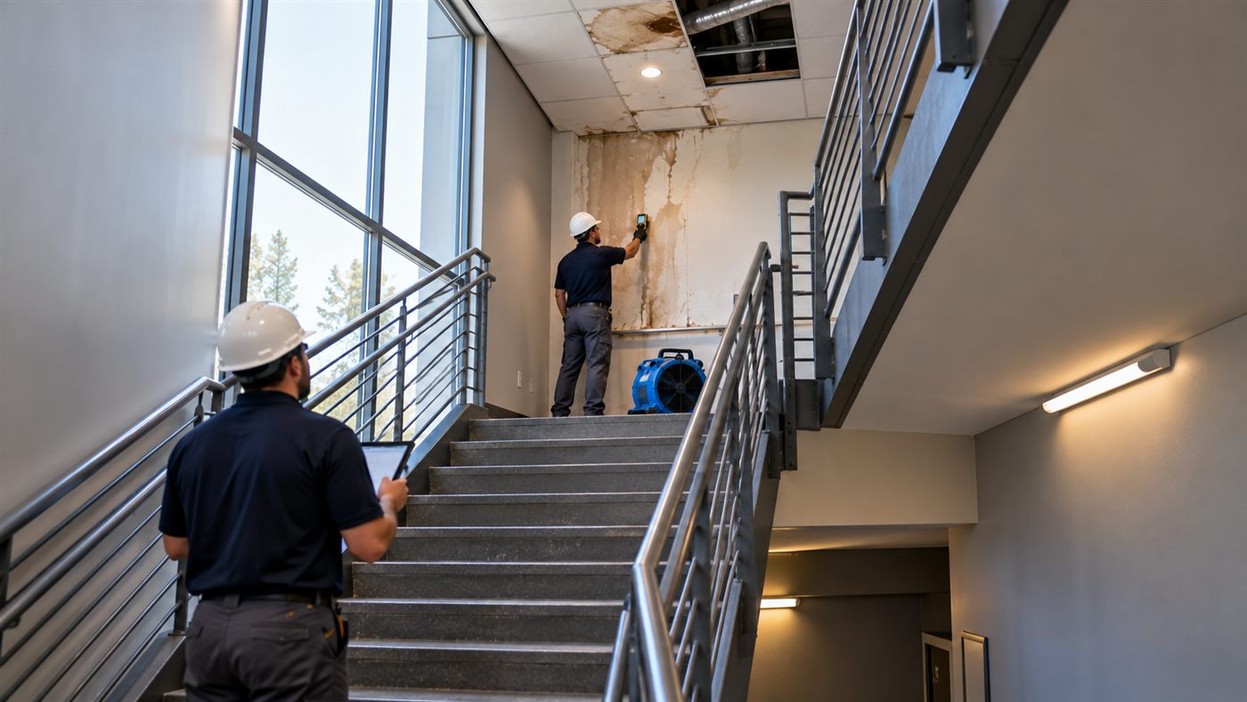 Technician in a hard hat inspecting a water-stained wall beside a commercial stairwell