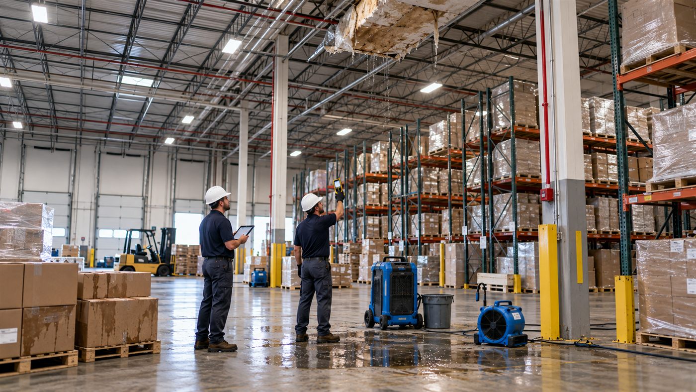Technicians assessing a wet warehouse floor with drying equipment beside pallet racking