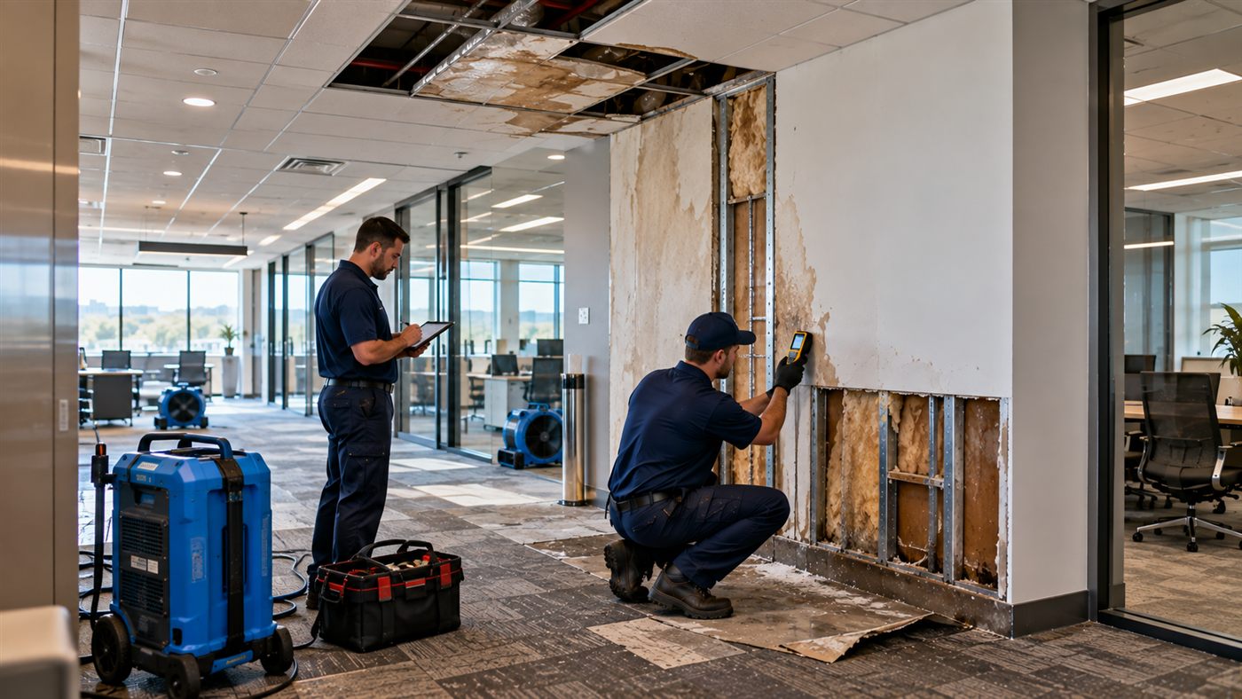 Technicians assessing a cut-out section of water-damaged drywall in an office wall
