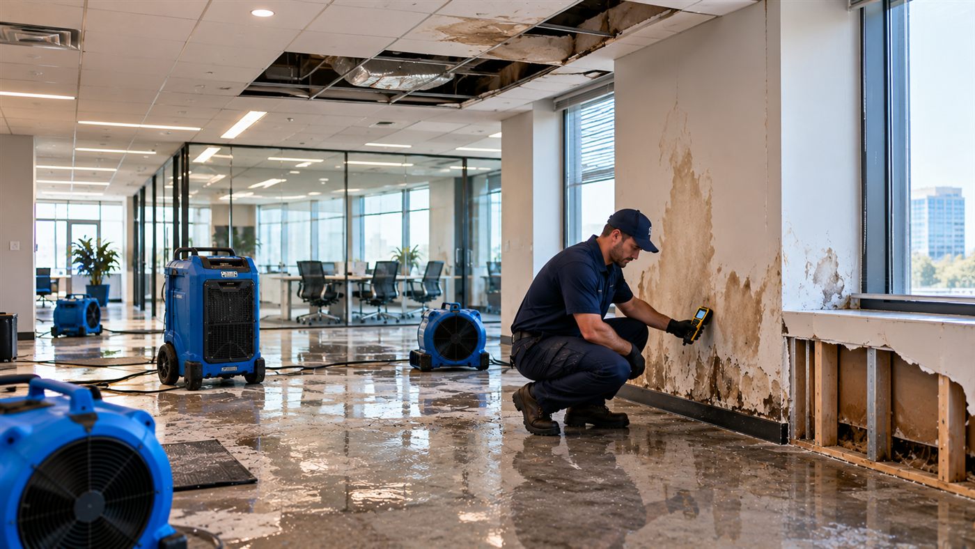 Technician assessing a water-damaged wall with exposed lower framing beside an air mover